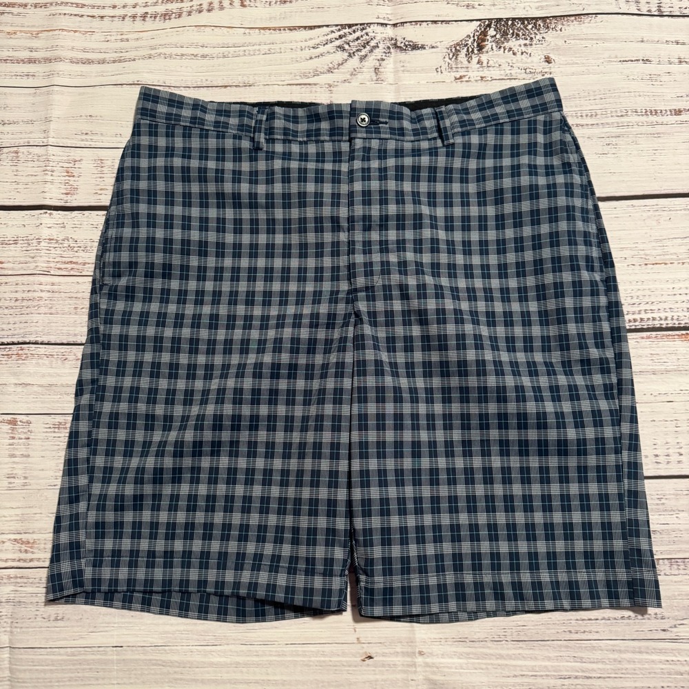 Greg Norman Navy Blue Plaid Flat Front Golf Casual Shorts‎ Men's Size 36x9